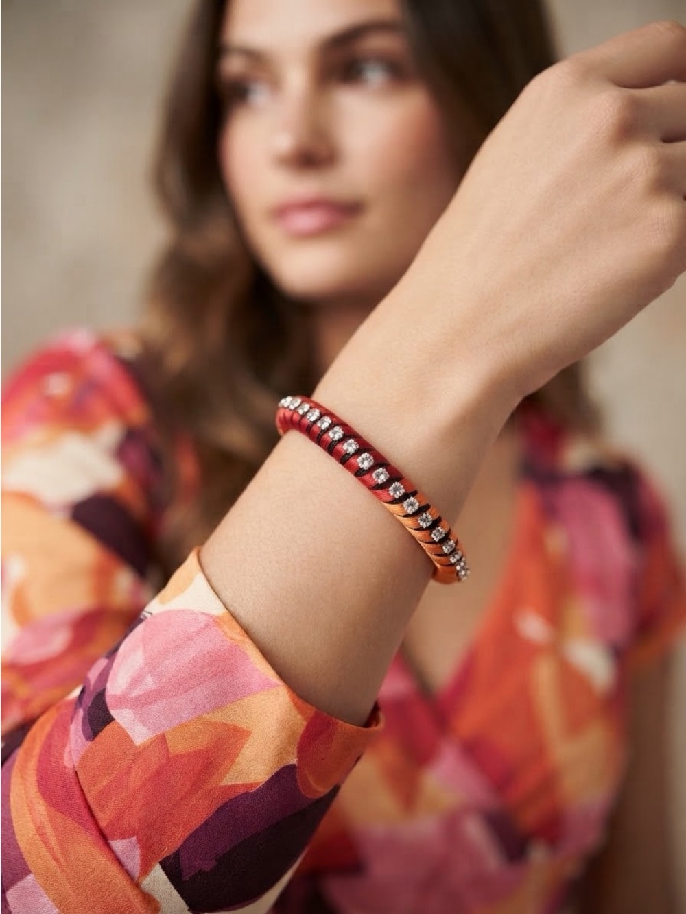Orange Hot Pink Silk Thread Bangle | Rhinestone Chain Border Statement Bangle - Picture 3 of 14